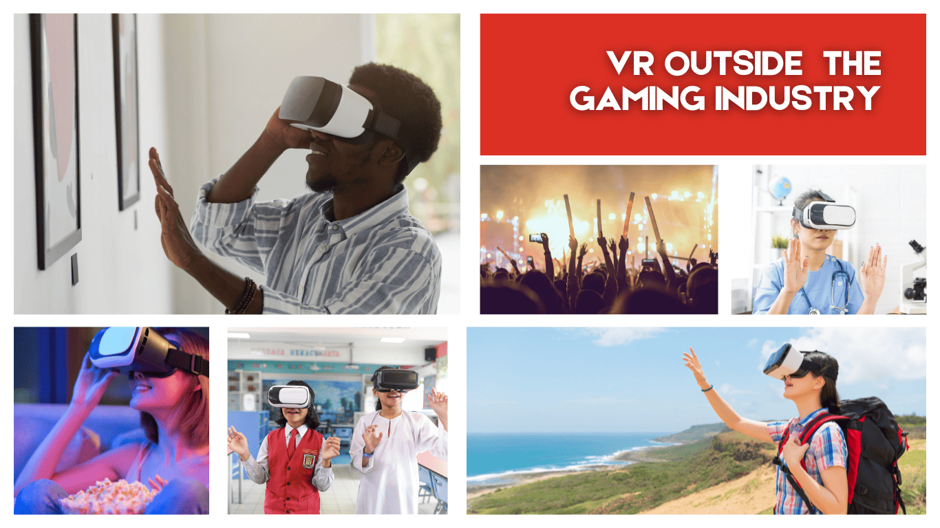 An image featuring photos depicting VR applications across various fields such as education, technology, and medicine.